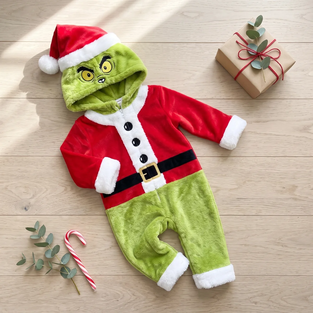 Grumpy Green outfit laid out flat